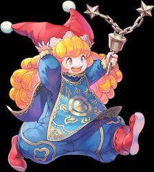 Rule 34 | 1girl, blonde hair, blue bodysuit, blue eyes, blush, blush stickers, bodysuit, charlotte (seiken densetsu 3), curly hair, flail, full body, haccan, hand on headwear, holding, holding weapon, long hair, lowres, official art, open mouth, red footwear, red headwear, seiken densetsu, seiken densetsu 3, shoes, smile, solo, transparent background, walking, weapon