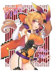 Rule 34 | 1girl, blonde hair, breasts, dragalia lost, elisanne, garter straps, gloves, hair ribbon, halloween costume, long hair, looking at viewer, medium breasts, official alternate costume, open mouth, red eyes, ribbon, solo, tanzaku kishi, thighs, upper body