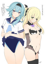 Rule 34 | 2girls, black hairband, black thighhighs, blonde hair, blue hair, blue one-piece swimsuit, blue sailor collar, blue skirt, blush, breasts, detached collar, eula (genshin impact), eyepatch, fischl (genshin impact), genshin impact, green eyes, hair ornament, hair over one eye, hairband, highleg, highleg swimsuit, large breasts, long hair, looking at viewer, medium breasts, medium hair, multiple girls, neckerchief, one-piece swimsuit, purple eyes, sailor collar, school uniform, serafuku, sidelocks, skirt, swimsuit, thighhighs, thighs, tony taka, translation request, two side up