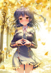 Rule 34 | 1girl, 3:, autumn leaves, black jacket, blue dress, blurry, blurry foreground, blush, breasts, brown eyes, butterfly hair ornament, buttons, closed mouth, collared shirt, commentary request, cowboy shot, cropped jacket, day, depth of field, double-breasted, dress, dress shirt, fingernails, fingers together, frilled dress, frills, ginkgo tree, hair ornament, hairclip, head tilt, highres, jacket, large breasts, long hair, long sleeves, looking at viewer, nanami yuuno, neck ribbon, nose blush, original, outdoors, pink ribbon, pleated dress, purple hair, revision, ribbon, school uniform, shirt, sidelocks, solo, sousouman, standing, steepled fingers, tree, white shirt, x hair ornament