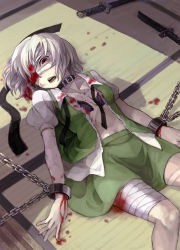 Rule 34 | 1girl, bad id, bad pixiv id, bandages, bandage over one eye, bdsm, blood, bondage, bound, bra, chain, chained, chain, collar, cuffs, female focus, hairband, highres, injury, katana, konpaku youmu, looking at viewer, lying, mitsuki32k, navel, on floor, open clothes, open mouth, open shirt, red eyes, scar, shackles, shadow, shirt, short hair, short sleeves, silver hair, skirt, solo, sword, tatami, torn clothes, touhou, underwear, weapon