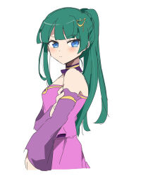 Rule 34 | 1girl, alternate hairstyle, bare shoulders, blue eyes, blunt bangs, blunt ends, blush, closed mouth, commentary request, cropped torso, detached collar, detached sleeves, dress, from side, green hair, hand on own arm, idol clothes, long hair, looking at viewer, nojima minami, pink dress, ponytail, pretty series, pripara, purple sleeves, simple background, solo, tsukikawa chili, white background