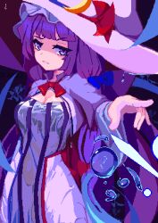 Rule 34 | 1girl, adapted costume, blue ribbon, breasts, brodall pixel, cleavage, cleavage cutout, clothing cutout, cowboy shot, dress, hat, highres, large breasts, long hair, patchouli knowledge, pixel art, purple dress, purple eyes, purple hair, purple hat, red ribbon, ribbon, solo, touhou, water drop, witch hat