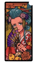 Rule 34 | 1girl, aqua eyes, aqua hair, closed mouth, commentary request, flower, hair flower, hair ornament, hair stick, hand fan, holding, japanese clothes, kimono, kouzuki hiyori, larugo0513, lipstick, looking at viewer, makeup, nihongami, oiran, one piece, pink flower, red lips, solo, traditional clothes