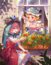 Rule 34 | 2girls, apron, arm up, bird nest, blonde hair, curtains, dress, drill hair, flower, flower in mouth, furrowed brow, gtcockroach, hat, highres, holding, holding flower, holding watering can, maid, mouth hold, multiple girls, open mouth, open window, opening window, original, outdoors, pink hair, plant, shaded face, short hair, short sleeves, sitting, sitting on branch, stuffed animal, stuffed bird, stuffed toy, sweat, thick eyebrows, tree, watering can, window, windowsill, wrist cuffs
