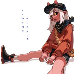 Rule 34 | 1girl, bandana, bandana around neck, black bandana, black footwear, black headwear, black sclera, black shorts, character name, colored sclera, colored skin, demon girl, grey hair, hat, highres, horns, long sleeves, looking to the side, outstretched legs, player (webtoon), red shirt, red skin, shirt, shorts, simple background, sitting, sleepy ssr, sumama (player), white background, yellow eyes