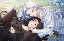 2girls alternate_hairstyle azem_(ff14) black_hair black_robe black_vs_white blue_eyes blurry collarbone commission depth_of_field elpis_flower eye_contact final_fantasy final_fantasy_xiv flower hair_down hair_spread_out hand_on_own_stomach highres holding_another&#039;s_hair looking_at_another lying mask multiple_girls on_back on_grass red_eyes robe seabed_stars second-party_source smile sophist&#039;s_robe_(ff14) unworn_mask venat_(ff14) white_flower white_hair white_robe yuri