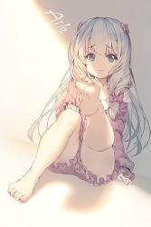 Rule 34 | 10s, 1girl, 3:, aile (crossroads), artist name, bare legs, barefoot, blue eyes, blush, closed mouth, eromanga sensei, feet, foot focus, foreshortening, frills, grey hair, izumi sagiri, long sleeves, md5 mismatch, pajamas, resolution mismatch, signature, sitting, soles, solo, source smaller, thighs, toes, wavy mouth