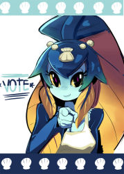 Rule 34 | 1girl, apron, blue hair, blue skin, blunt bangs, blush, colored sclera, colored skin, dress, english text, fins, fish girl, fourth wall, hair ornament, minette (skullgirls), monster girl, pink eyes, pointing, pointing at viewer, purple eyes, shell, sho-n-d, simple background, skullgirls, smile, solo, standing, white background, yellow sclera