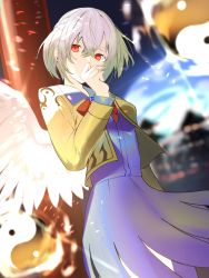 Rule 34 | 1girl, absurdres, arm at side, blurry, blurry background, bow, bowtie, brooch, building, commentary, covering own mouth, cowboy shot, dress, eyebrows hidden by hair, feathered wings, hair between eyes, hand to own mouth, hand up, highres, ikasoba, jacket, jewelry, kishin sagume, long sleeves, looking at viewer, open clothes, open jacket, orb, pillar, purple dress, red bow, red bowtie, red eyes, short hair, silver hair, single wing, solo, touhou, white wings, wings, yellow jacket, yin yang, yin yang orb