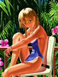 Rule 34 | 1girl, bamboo, bamboo forest, blonde hair, blue eyes, braid, chair, doi tabasuko, flower, forest, hugging own legs, looking at viewer, nature, one-piece swimsuit, original, outdoors, railing, sitting, smile, solo, swimsuit, twin braids