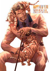 Rule 34 | 1boy, bara, cane, chinese zodiac, coat, collared shirt, commentary, formal, highres, jewelry, lapels, long sleeves, male focus, mature male, muscular, muscular male, necktie, original, ring, shirt, solo, tiger, ueno kishi, year of the tiger