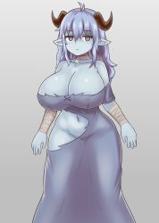 Rule 34 | 1girl, :/, bandaged arm, bandaged neck, bandages, bare shoulders, blue hair, blue skin, breasts, cleavage, collarbone, colored skin, commentary, curvy, dress, expressionless, grey background, grey eyes, hair between eyes, highres, horns, huge breasts, legs apart, long hair, looking at viewer, monster girl encyclopedia, nav (itsnav), navel, pointy ears, purple hair, simple background, solo, torn clothes, torn dress, wide hips, zombie (monster girl encyclopedia)