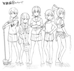 Rule 34 | 10s, 5girls, bare shoulders, blunt bangs, breasts, broom, bucket, collared shirt, crossed arms, fubuki (kancolle), greyscale, hatsuyuki (kancolle), height difference, holding, holding broom, holding bucket, hose, kantai collection, kinu (kancolle), large breasts, long hair, looking at viewer, low ponytail, low twintails, miyuki (kancolle), monochrome, multiple girls, neckerchief, odd one out, open mouth, panties, parted bangs, pleated skirt, ponytail, sailor collar, sakura (medilore), school uniform, serafuku, shirayuki (kancolle), shirt, short hair, short ponytail, short sleeves, skirt, smile, standing, translation request, twintails, underwear, uniform, water
