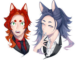 Rule 34 | 2boys, animal ear fluff, animal ears, black necktie, blue eyes, blue hair, blue nails, collared shirt, colored inner hair, commentary request, fangs, fingernails, fox boy, fox ears, freckles, gradient hair, green eyes, half-closed eyes, hand up, highres, long hair, looking at viewer, male focus, multicolored hair, multiple boys, necktie, open mouth, orange hair, original, parted lips, portrait, purple hair, red hair, red shirt, sharp fingernails, shirt, short eyebrows, simple background, white background, white shirt, zzb azz