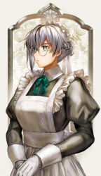 Rule 34 | 1girl, apron, asymmetrical hair, blue eyes, braid, frilled apron, frills, glasses, gloves, grey hair, highres, juliet sleeves, kankitsurui (house of citrus), long sleeves, maid, maid apron, maid headdress, original, own hands together, puffy sleeves, ribbon, round eyewear, solo, victorian maid, white gloves
