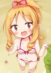 Rule 34 | 10s, 1girl, bare arms, bare legs, barefoot, bikini, bow, breasts, collarbone, drill hair, eromanga sensei, from above, groin, hair bow, looking at viewer, midriff, navel, open mouth, pointy ears, ponytail, r o o i, side-tie bikini bottom, standing, striped bikini, striped clothes, swimsuit, teeth, toes, twin drills, yamada elf