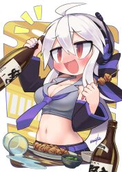 Rule 34 | 1girl, :d, ahoge, belt, blush, bottle, breasts, cleavage, commentary request, commission, cropped shirt, cup, drinking glass, drunk, food, grey shirt, hair between eyes, headset, highres, holding, holding bottle, holding skewer, large breasts, long hair, midriff, nanatsuta, navel, necktie, nose blush, notice lines, open mouth, purple belt, purple necktie, red eyes, shirt, skeb commission, skewer, smile, solo, spill, vocaloid, white hair, yowane haku