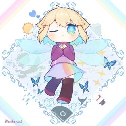 Rule 34 | 1girl, aqua hair, black thighhighs, blonde hair, blue butterfly, blue eyes, blue heart, bug, butterfly, closed mouth, colored inner hair, commentary request, diamond-shaped pupils, diamond (shape), diamond earrings, earrings, fairy wings, full body, hair flaps, hands up, heart, highres, insect, jewelry, jitome, kekorin5, multicolored hair, one eye closed, over-kneehighs, own hands together, purple skirt, rainbow, red footwear, ring, shoes, sidelocks, skirt, snowflakes, snowman, solo, sparkle, straight-on, sun, sweater, symbol-shaped pupils, thighhighs, turtleneck, turtleneck sweater, twitter username, two-tone hair, unusually open eyes, urotsuki, w arms, whale, wings, yume 2kki, zettai ryouiki