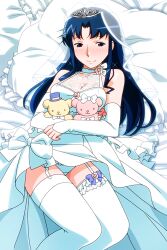 Rule 34 | 1girl, bed sheet, blue eyes, blue hair, blush, bridal veil, detached sleeves, dress, feet out of frame, fujiwara aya, garter straps, holding, holding stuffed toy, long hair, looking at viewer, non-web source, official art, panties, photoshop (medium), pillow, smile, solo, sparkle, stuffed animal, stuffed toy, super real mahjong, tanaka ryou, teddy bear, thighhighs, underwear, veil, wedding dress, white dress, white panties, white thighhighs