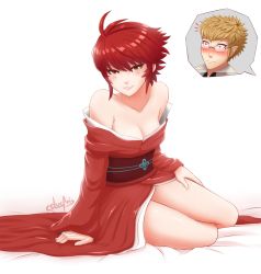 Rule 34 | 1boy, 1girl, blush, breasts, cleavage, collarbone, cslucaris, fire emblem, fire emblem fates, hinoka, hinoka (fire emblem), japanese clothes, kimono, legs, looking at viewer, nintendo, off shoulder, short hair, simple background, sitting, smile, thighs