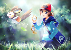 Rule 34 | 1boy, artist name, bag, baseball cap, blue jacket, brown hair, cocoloco, commentary request, creatures (company), day, emolga, falling leaves, game freak, gen 5 pokemon, grass, hand in pocket, hand up, hat, hilbert (pokemon), holding, jacket, leaf, light beam, male focus, nintendo, open mouth, outdoors, pants, poke ball print, pokemon, pokemon (creature), pokemon bw, shoulder bag, sparkle, tongue, zipper pull tab