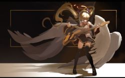 Rule 34 | 1girl, absurdres, black footwear, black skirt, blonde hair, boots, detached sleeves, electric guitar, closed eyes, feathered wings, full body, guitar, halo, hatsune miku, highres, holding, holding instrument, instrument, long hair, music, open mouth, pleated skirt, singing, skirt, solo, thigh boots, thighhighs, topdylan, twintails, very long hair, vocaloid, white wings, wind, wings, zettai ryouiki