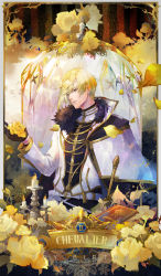 Rule 34 | 1boy, black gloves, blonde hair, blue eyes, candlestand, character name, chevalier michel, dome, flower, fur collar, gloves, gold trim, happy birthday, highres, ikemen prince, long sleeves, male focus, petals, solo, standing, sword, weapon, yellow flower