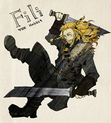 Rule 34 | 1boy, arm guards, bad id, bad pixiv id, belt, black pants, blonde hair, blue shirt, boots, braid, brown belt, brown footwear, character name, coat, commentary request, copyright name, dual wielding, facial hair, fili, full body, fur coat, grey coat, grin, holding, holding sword, holding weapon, long hair, looking down, male focus, mustache, pants, reload9 yohji, shirt, simple background, smile, solo, sword, the hobbit, tolkien&#039;s legendarium, tolkien's legendarium, weapon