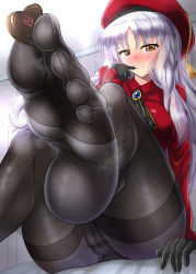 Rule 34 | 1girl, beret, black pantyhose, breasts, brooch, cameltoe, candy, caren hortensia, caren hortensia (amor caren), caren hortensia (amor caren) (second ascension), chocolate, chocolate heart, cleft of venus, dress, fate/grand order, fate (series), feet, food, hat, heart, highres, jewelry, legs, long hair, long sleeves, looking at viewer, medium breasts, neck ribbon, nyx (mebius no wa), pantyhose, red dress, red hat, ribbon, shawl, sitting, smile, soles, solo, toes, valentine, wavy hair, white hair, yellow eyes