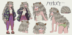 Rule 34 | 1girl, animal ears, bead bracelet, beads, blue eyes, blush, bolero (bo le ro66), bracelet, bright pupils, character sheet, closed mouth, fang, green panties, grey background, grey hair, hair between eyes, hedgehog girl, highres, jewelry, long hair, looking up, multiple views, navel, open mouth, original, panties, patterned, patterned clothing, simple background, sketch, smile, sparkle, sparkling eyes, standing, striped legwear, tearing up, tongue, torn, torn clothes, trembling, underwear, very long hair, white pupils