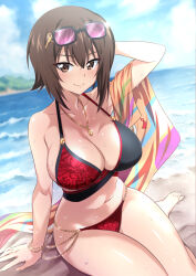 Rule 34 | 1girl, barefoot, beach, bikini, breasts, brown eyes, brown hair, cleavage, cloud, cloudy sky, feet, girls und panzer, highres, large breasts, looking at viewer, nakahira guy, nishizumi maho, red bikini, short hair, sky, smile, solo, sweat, swimsuit, thighs