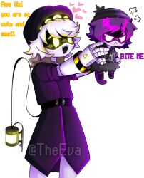 Rule 34 | 1boy, 1girl, angry, animal ears, beanie hat, blush, boots, cat ears, chibi, choker, glitch productions, hat, lifting person, mechanical tail, murder drones, n (murder drones), purple eyes, purple hair, striped clothes, striped thighhighs, tail, thighhighs, uzi (murder drones), yellow eyes