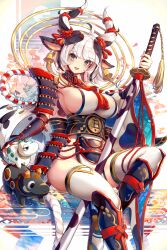 Rule 34 | 1girl, ahoge, animal ears, armor, bell, bell earrings, breasts, cow ears, cow girl, cow horns, earrings, highres, holding, holding sword, holding weapon, horn ornament, horns, japanese armor, jewelry, large breasts, medium hair, open mouth, original, rope, shoulder armor, sideboob, solo, sword, thighhighs, thyr, weapon, white hair