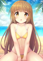 Rule 34 | 1girl, :o, bare arms, bare legs, bare shoulders, barefoot, beach, between legs, bikini, blue sky, blunt bangs, blush, breasts, brown eyes, brown hair, cleavage, cloud, cloudy sky, collarbone, commentary request, day, hand between legs, highres, horizon, idolmaster, idolmaster cinderella girls, long hair, looking at viewer, navel, ocean, outdoors, parted lips, revision, sand, side-tie bikini bottom, sitting, sky, small breasts, solo, sparkle, swimsuit, u rin, v arms, very long hair, wariza, water, yellow bikini, yorita yoshino