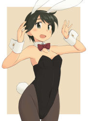 Rule 34 | 1girl, alternate costume, animal ears, beige background, black eyes, black hair, black leotard, black pantyhose, border, bow, bowtie, breasts, cleavage, cowboy shot, detached collar, fake animal ears, kantai collection, kugui kiyunemu, leotard, mogami (kancolle), pantyhose, playboy bunny, rabbit ears, rabbit tail, red bow, red bowtie, short hair, small breasts, solo, strapless, strapless leotard, tail, thigh gap, two-tone background, white border, wrist cuffs