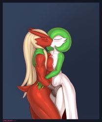 Rule 34 | 2girls, absurdres, arm around shoulder, artist name, asymmetrical docking, blaziken, blonde hair, blue background, blue border, blush, border, breast press, breasts, chelodoy, closed eyes, collarbone, colored skin, creatures (company), female focus, fingering, from side, furry, furry female, game freak, gardevoir, gen 3 pokemon, green hair, green skin, hand on another&#039;s shoulder, highres, hug, interspecies, kiss, large breasts, long hair, medium breasts, multicolored skin, multiple girls, muscular, nintendo, nipples, nude, pokemon, pokemon (creature), pokephilia, short hair, simple background, standing, tail, thick thighs, thighs, two-tone skin, vaginal, watermark, white skin, yuri