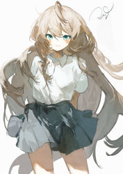 Rule 34 | 1girl, ahoge, black skirt, blonde hair, blush, buttons, collared shirt, curly hair, facing viewer, floating clothes, green eyes, highres, light smile, long hair, looking at viewer, original, pleated skirt, potg (piotegu), shirt, short sleeves, signature, simple background, skirt, solo, standing, white background, white shirt