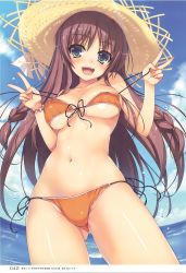 Rule 34 | 1girl, absurdres, bare shoulders, bikini, blue sky, bracelet, breasts, brown hair, cloud, cloudy sky, collarbone, day, double v, fingernails, front-tie bikini top, front-tie top, gluteal fold, green eyes, hat, highres, jewelry, large breasts, long hair, navel, ocean, open mouth, orange bikini, original, outdoors, page number, scan, side-tie bikini bottom, sky, smile, solo, straw hat, swimsuit, tomose shunsaku, v, water
