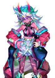 Rule 34 | 1girl, :d, bare shoulders, belt, breasts, collar, colored skin, colorful, dedeen, fingernails, green eyes, highres, looking at viewer, middle finger, multicolored hair, oni, open mouth, original, red skin, sharp teeth, shorts, smile, spiked collar, spiked hair, spikes, teeth, transparent background