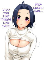 Rule 34 | 1girl, ahoge, blue hair, blush, breasts, cleavage cutout, clothing cutout, female focus, flying sweatdrops, hard-translated, idolmaster, idolmaster (classic), large breasts, looking at viewer, meme attire, miura azusa, open-chest sweater, open mouth, purple eyes, restaint, short hair, simple background, solo, sweater, third-party edit, translated