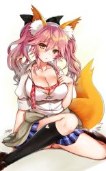 Rule 34 | 10s, 1girl, animal ear fluff, animal ears, bow, breasts, cleavage, ears through headwear, fate/extra, fate/extra ccc, fate (series), fox ears, fox tail, hair bow, large breasts, long hair, necktie, official alternate costume, school uniform, seiru (prairie), sitting, solo, tail, tamamo (fate), tamamo no mae (fate/extra), tamamo no mae (jk) (fate), twintails, undressing, white background