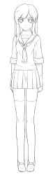 Rule 34 | 1girl, female focus, flat chest, full body, greyscale, long image, long legs, monochrome, original, puyo (puyotopia), school uniform, serafuku, shoes, simple background, skirt, solo, standing, tall image, thighhighs, white background