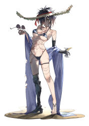 Rule 34 | 1girl, absurdres, angelia (girls&#039; frontline), barefoot, bikini, black bikini, black hair, blueblossom, body jewelry, cameltoe, closed mouth, collarbone, commentary, covered erect nipples, crab, cup, earrings, english commentary, unworn eyewear, girls&#039; frontline, hair over one eye, hat, headband, highres, holding, holding cup, holding removed eyewear, jewelry, looking to the side, mechanical arms, mechanical legs, navel, ponytail, prosthesis, prosthetic arm, prosthetic leg, red headband, sand, scar, simple background, single mechanical arm, single mechanical leg, skindentation, solo, straw hat, swimsuit, thigh strap, thighs, toes
