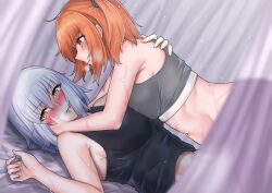 2girls absurdres ahoge armpit_crease bare_shoulders bed_sheet black_shirt blush breast_press breasts crop_top curtains embarrassed fate/grand_order fate_(series) fujimaru_ritsuka_(female) girl_on_top grey_hair hair_ornament hair_scrunchie hand_on_another&#039;s_cheek hand_on_another&#039;s_face highres jeanne_d&#039;arc_alter_(fate) kueru_1285 large_breasts licking_lips lipstick makeup medium_breasts midriff multiple_girls navel on_bed open_mouth orange_hair scrunchie shirt side_ponytail smile sweat symmetrical_docking tongue tongue_out white_hair yellow_eyes yuri