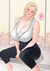 Rule 34 | 1girl, absurdres, barefoot, blonde hair, blush, breasts, brown eyes, cleavage, facial mark, forehead mark, heart, highres, huge breasts, jnsdh, mature female, naruto, naruto (series), signature, sitting, smile, solo, spoken heart, tsunade (naruto)