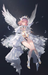 Rule 34 | 1girl, absurdres, angel wings, bare legs, boots, braid, breasts, cleavage, closed mouth, dress, feathered wings, feathers, floating, flower, full body, high heels, highres, light particles, looking at viewer, medium breasts, medium hair, okku, original, pink hair, smile, solo, white dress, white footwear, wings