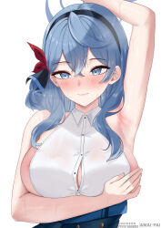 Rule 34 | 1girl, absurdres, ako (blue archive), amai-pai, arm up, armpits, black hairband, blue archive, blue eyes, blue hair, blue halo, blush, breasts, buttons, closed mouth, collared shirt, hair between eyes, hairband, halo, highres, large breasts, long hair, looking at viewer, shirt, sideboob, simple background, sleeveless, sleeveless shirt, solo, upper body, white background, white shirt