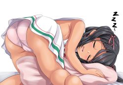 Rule 34 | 1girl, ass, bed sheet, black hair, blush, cameltoe, crotch seam, dress, drooling, hair ornament, highres, kantai collection, open mouth, panties, pantyshot, pillow, pink panties, sailor dress, scirocco (kancolle), simple background, sleeping, solo, tan, teeth, tk8d32, underwear, upper teeth only, zzz