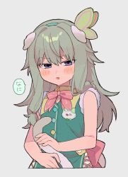 Rule 34 | 1girl, animal ears, bare arms, blush, bow, cat ears, cat girl, cat tail, character request, cropped torso, dress, ears down, green dress, green hair, green hairband, grey background, hair between eyes, hairband, highres, kusanagi nene, long hair, looking at viewer, parted lips, pink bow, project sekai, purple eyes, simple background, sleeveless, sleeveless dress, solo, tail, translated, upper body, uso (ameuzaki)